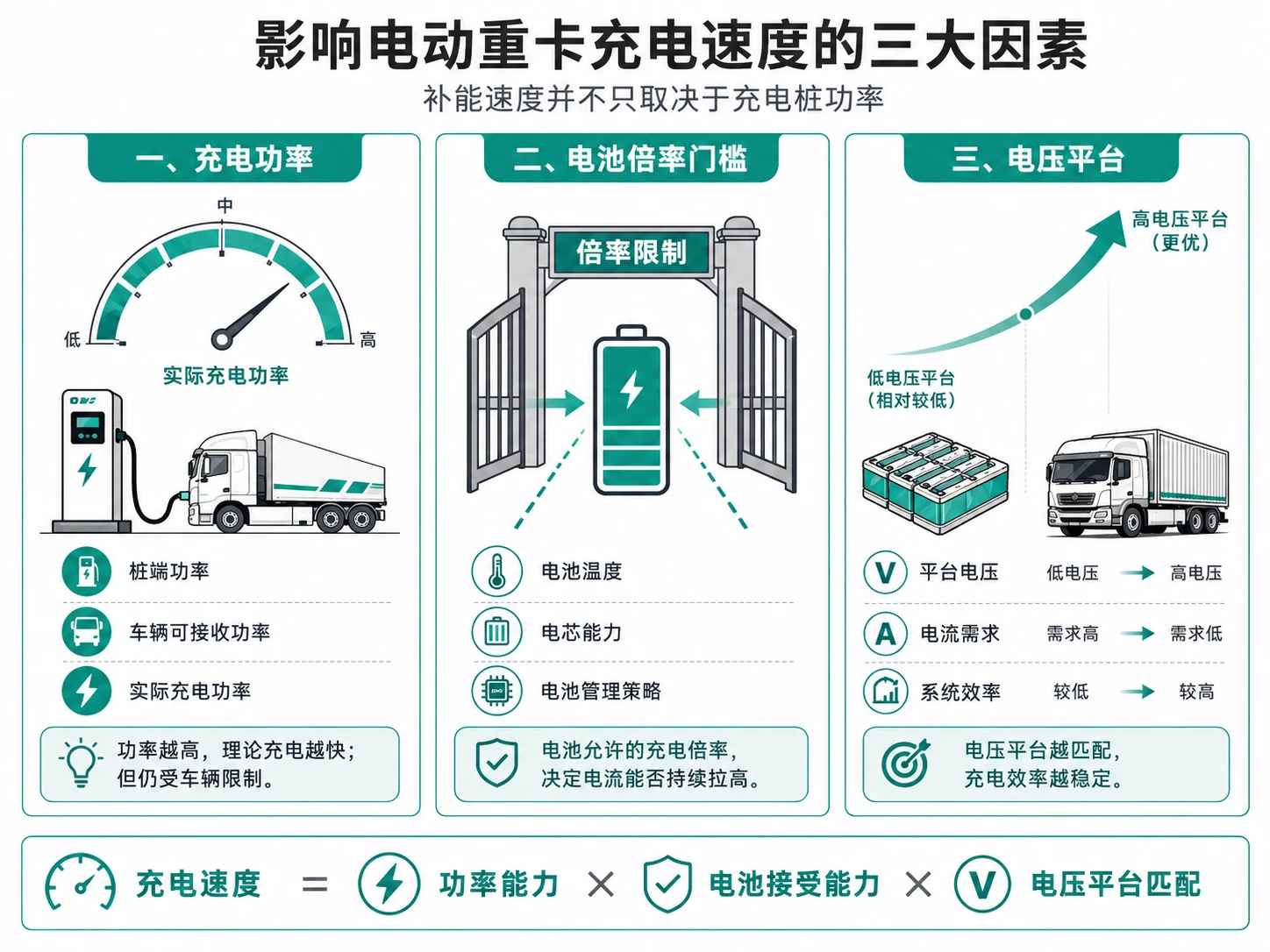 电动重卡充电速度三要素示意-充电功率电池倍率电压平台