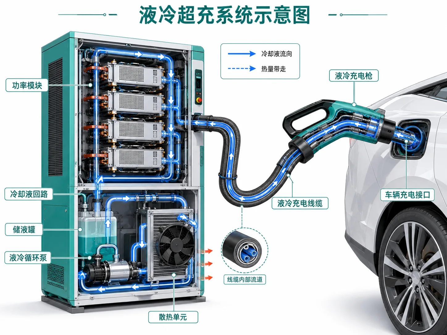 液冷超充原理示意-全液冷主机与终端散热回路降温支撑大电流